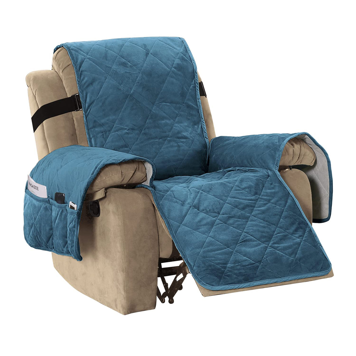 H.VERSAILTEX Thick Velvet Recliner Covers for Recliner Chair Covers Reclining Chair Slipcover Recliner Couch Cover with Non Slip Backing and Wider Elastic Strap (Oversaized Recliner, Peacock Blue)
