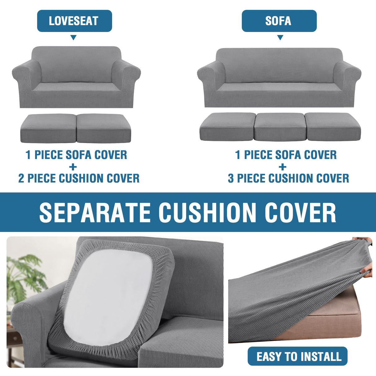 PrimeBeau Couch Cover Sets for Sofa Plus Loveseat, Stretch 4 Piece Sofa Covers for 3 Cushion Couch/3 Piece Loveseat Covers for 2 Cushion Couch with Thicker Jacquard Fabric(Total 7 Pieces)