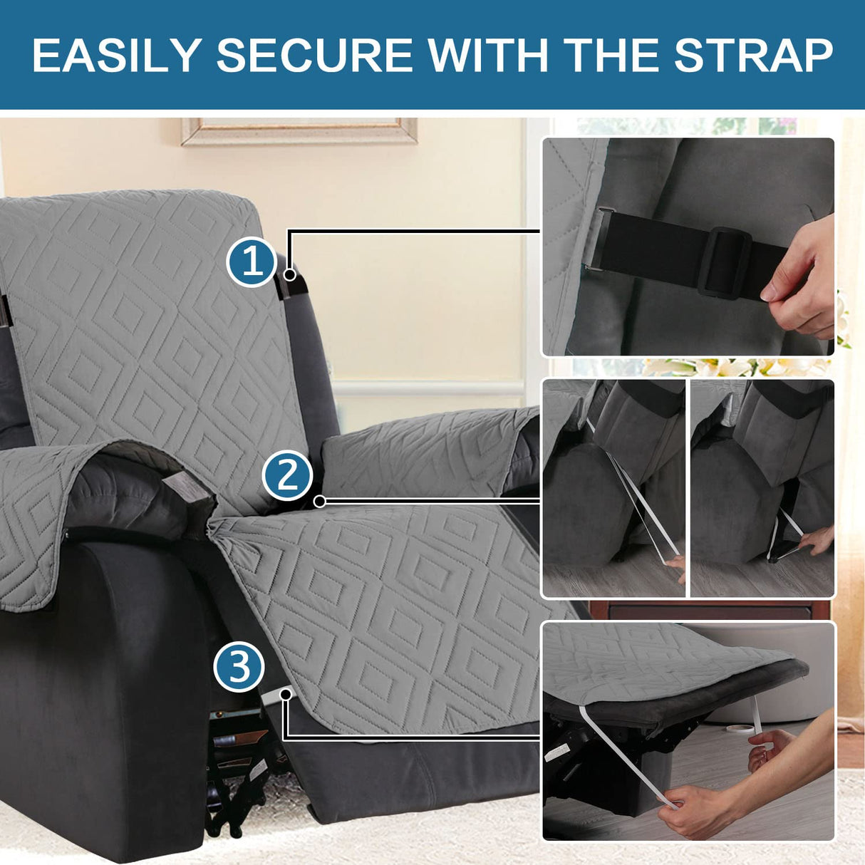 H.VERSAILTEX Reversible Quilted Recliner Covers Water Resistant Furniture Protector for Reclienr Chair with Elastic Straps for Pets Kids Sitting Width Up to 22"(Recliner, Light Grey/Beige)