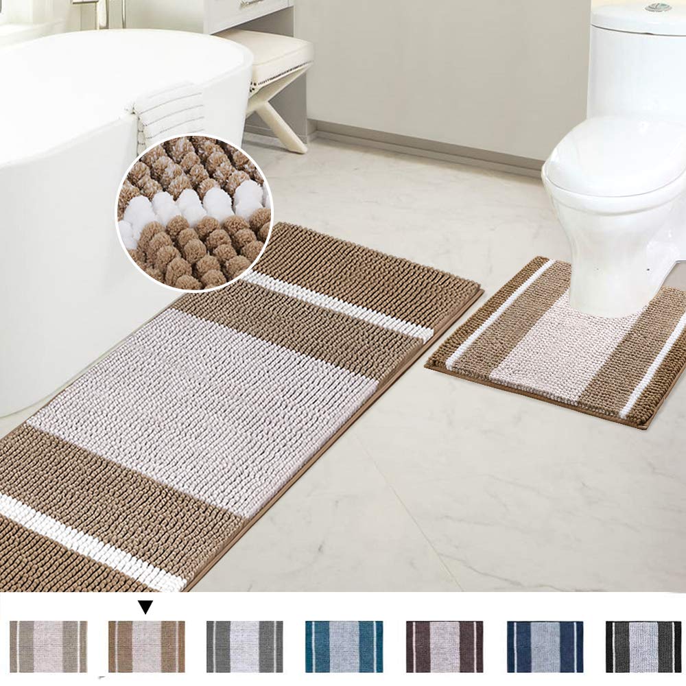 PrimeBeau Bath Rug Set 2 Piece for Bathroom Bath Mats Non Slip Bouncy Chenille Ombre Dyeing Bath Rugs Rectangle, Water Absorbent Striped Shag Mats