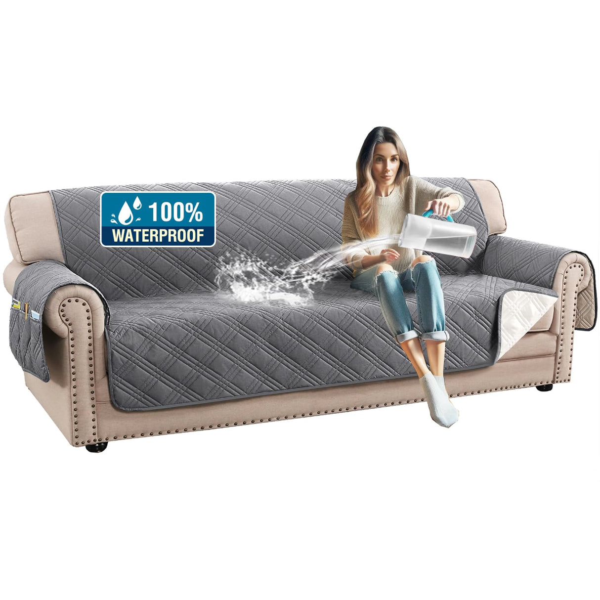 PrimeBeau 100% Waterproof Sofa Covers Washable,Thick Soft Couch Cover for Dogs with Elastic Straps (Sofa & Oversize Sofa, Diamond Shape)