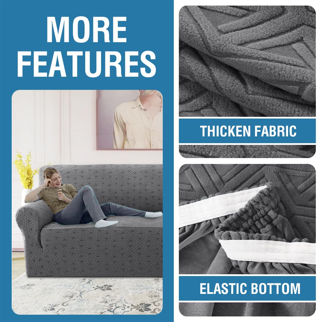 H.VERSAILTEX 2024 Newest Jacquard Couch Covers for 3 Cushion Couch 1 Piece Stretch Sofa Covers Furniture Protector Anti-Slip Soft Thickened Dogs Slipcovers Washable Diamond Pattern(Sofa, Grey)
