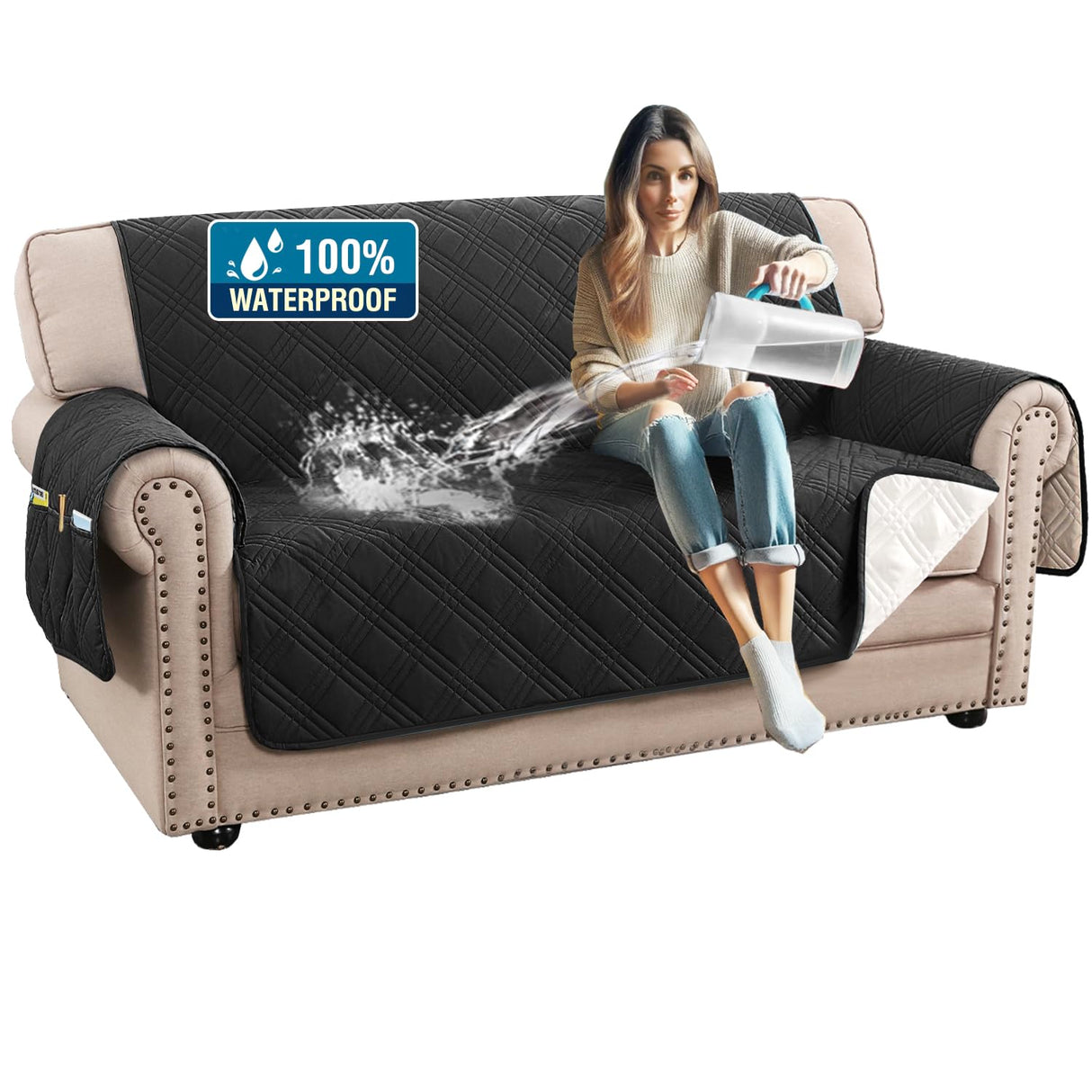 PrimeBeau 100% Waterproof Loveseat Covers Washable,Thick Soft Couch Cover for Dogs with Elastic Straps (Loveseat, Diamond Shape)