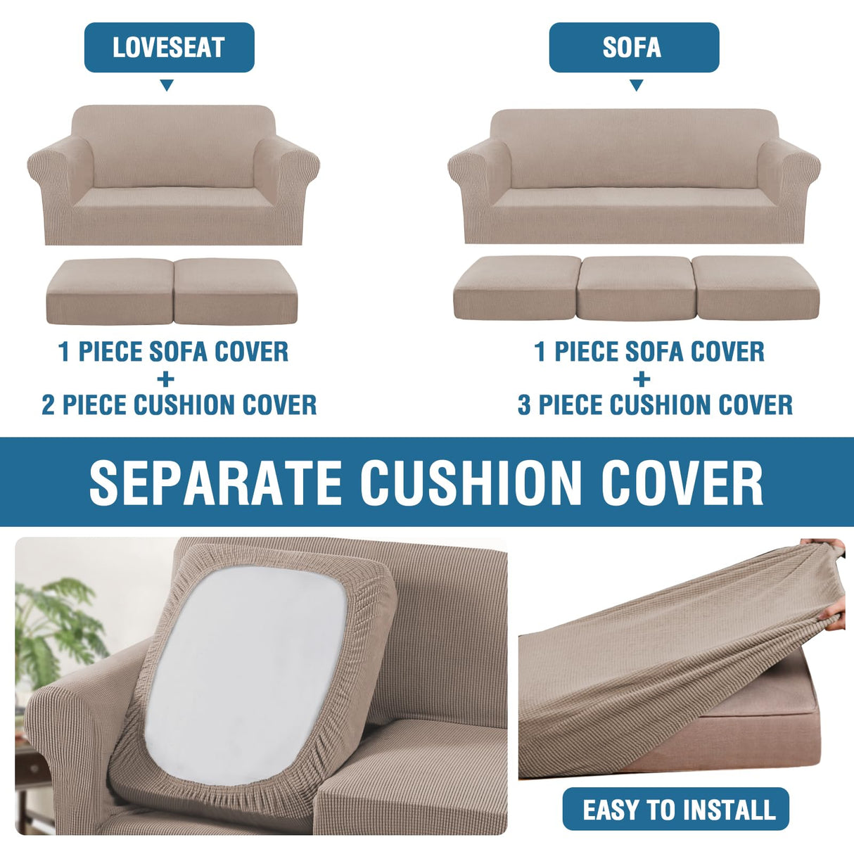 PrimeBeau Couch Cover Sets for Sofa Plus Loveseat, Stretch 4 Piece Sofa Covers for 3 Cushion Couch/3 Piece Loveseat Covers for 2 Cushion Couch with Thicker Jacquard Fabric(Total 7 Pieces)