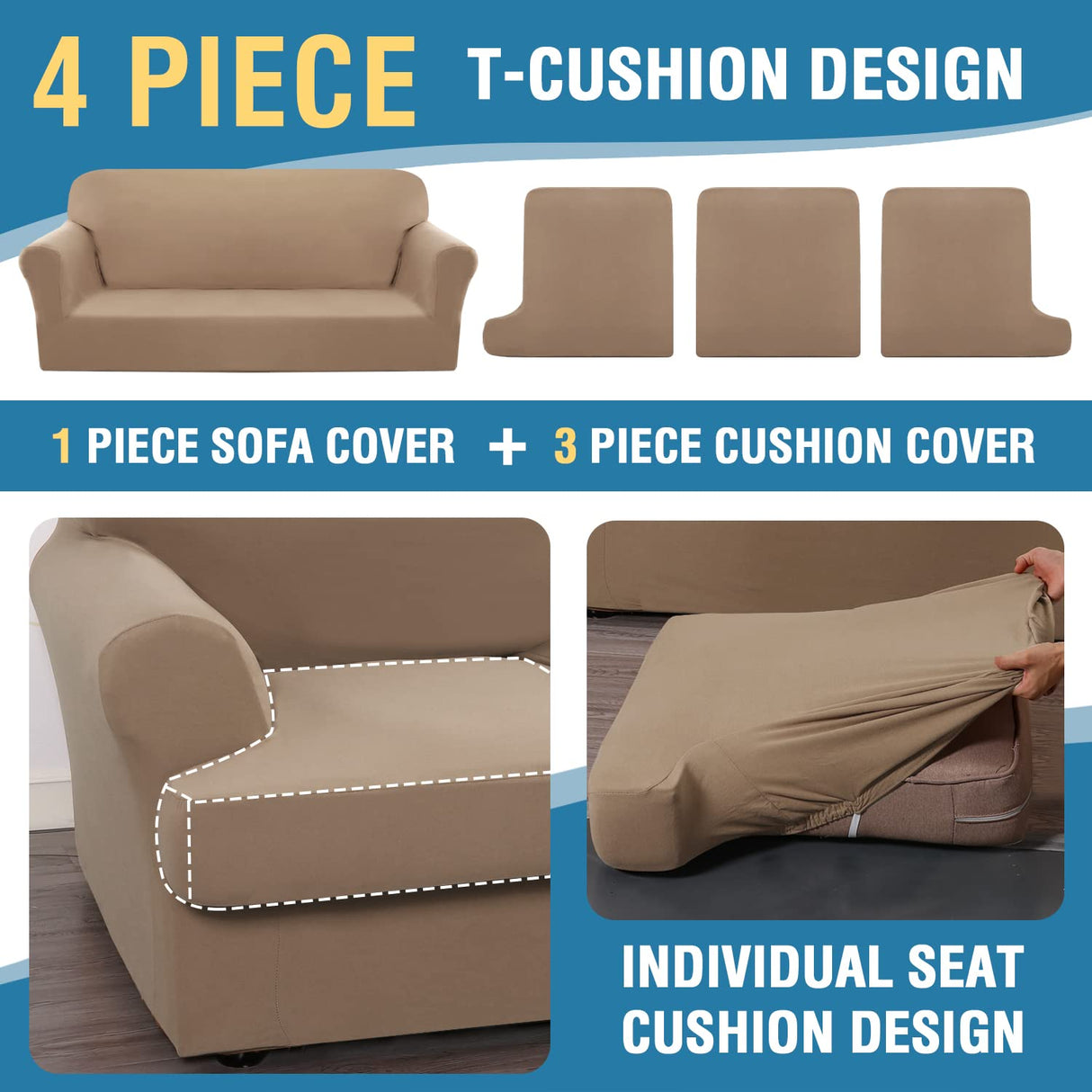 PrimeBeau 4 Pieces T Cushion Sofa Slipcovers Couch Cover for 3 Cushion Couch Non Slip Super Stretch Soft Washable Furniture Protector with 3 Individual T Cushion Covers