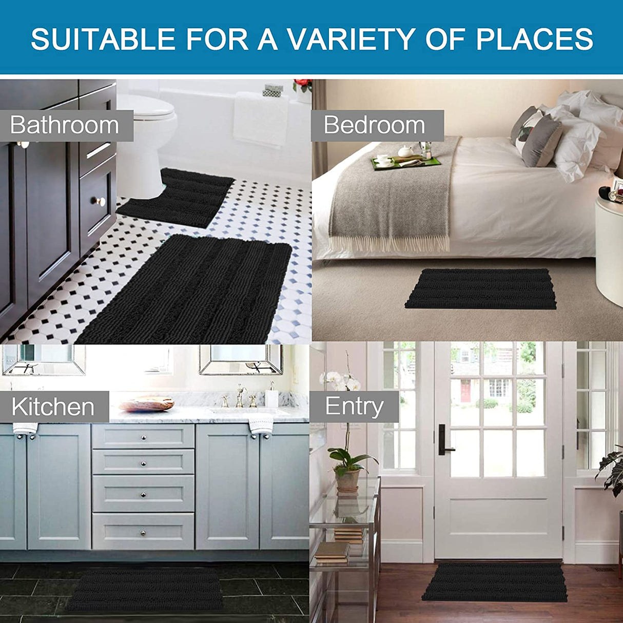 PrimeBeau 3 Piece Thick Striped Bathroom Rugs Set Non Slip Absorbent Soft Bath Mat (17''x24''+20''x32''+20''x24'' U-Shaped)