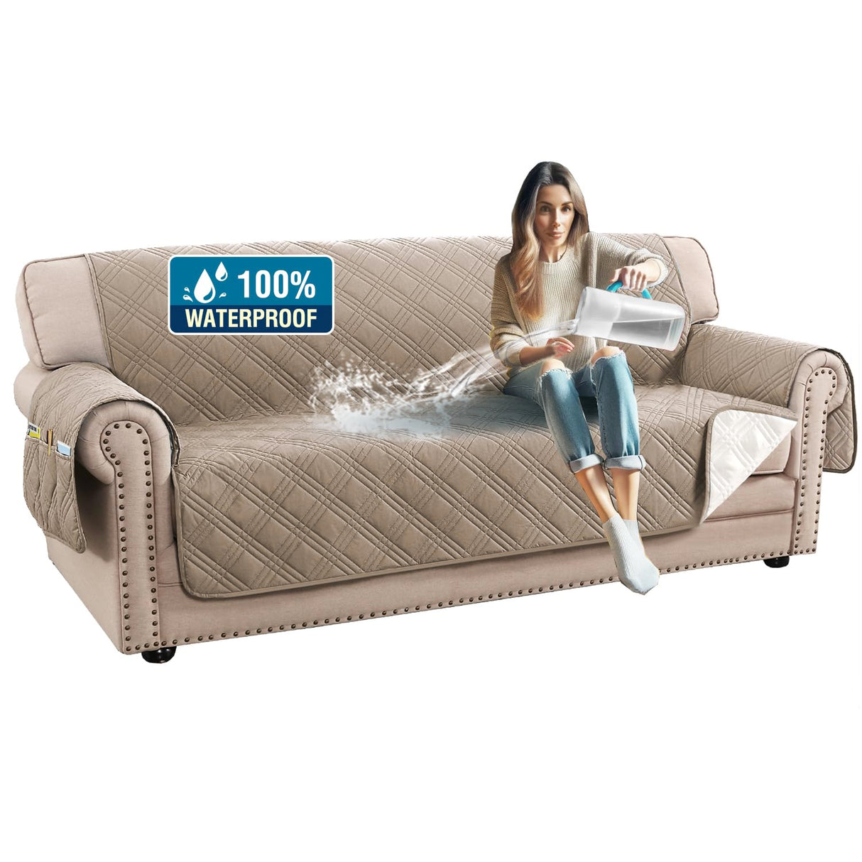 PrimeBeau 100% Waterproof Sofa Covers Washable,Thick Soft Couch Cover for Dogs with Elastic Straps (Sofa & Oversize Sofa, Diamond Shape)