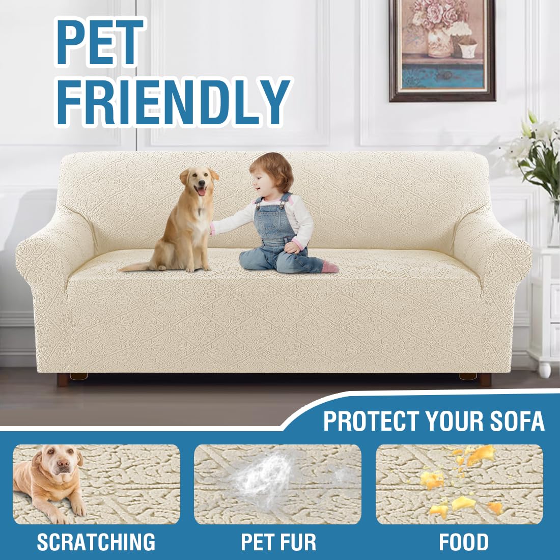 H.VERSAILTEX 2024 Newest Jacquard Couch Covers for 3 Cushion Couch 1 Piece Stretch Sofa Covers Furniture Protector Anti-Slip Soft Thickened Dogs Slipcovers Washable Damask Pattern(Sofa, Ivory)