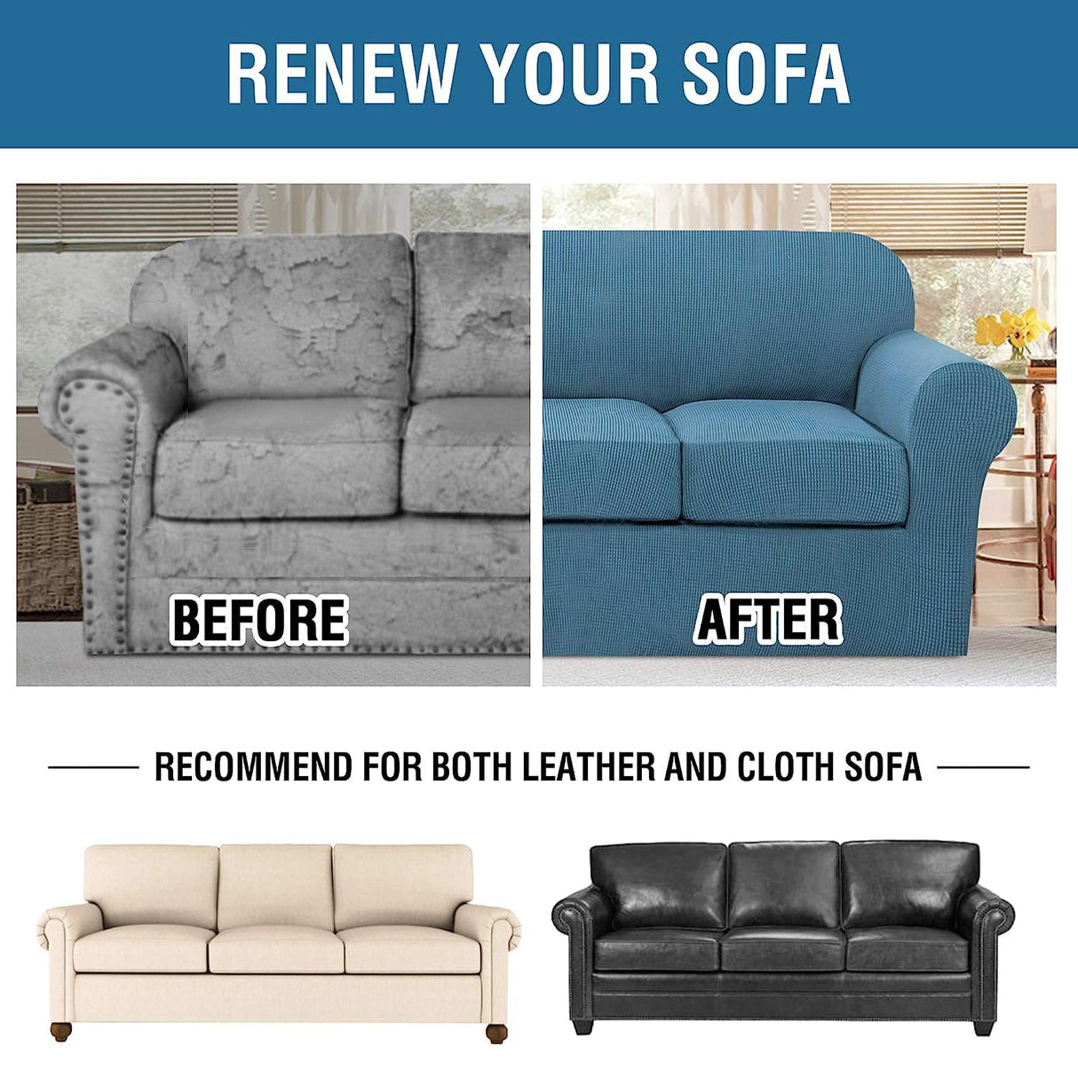 H.VERSAILTEX 4 Piece Stretch Sofa Covers for 3 Cushion Couch Covers for Living Room Furniture Slipcovers (Base Cover Plus 3 Seat Cushion Covers) Upgraded Thicker Jacquard Fabric (Sofa, Dusty Blue)