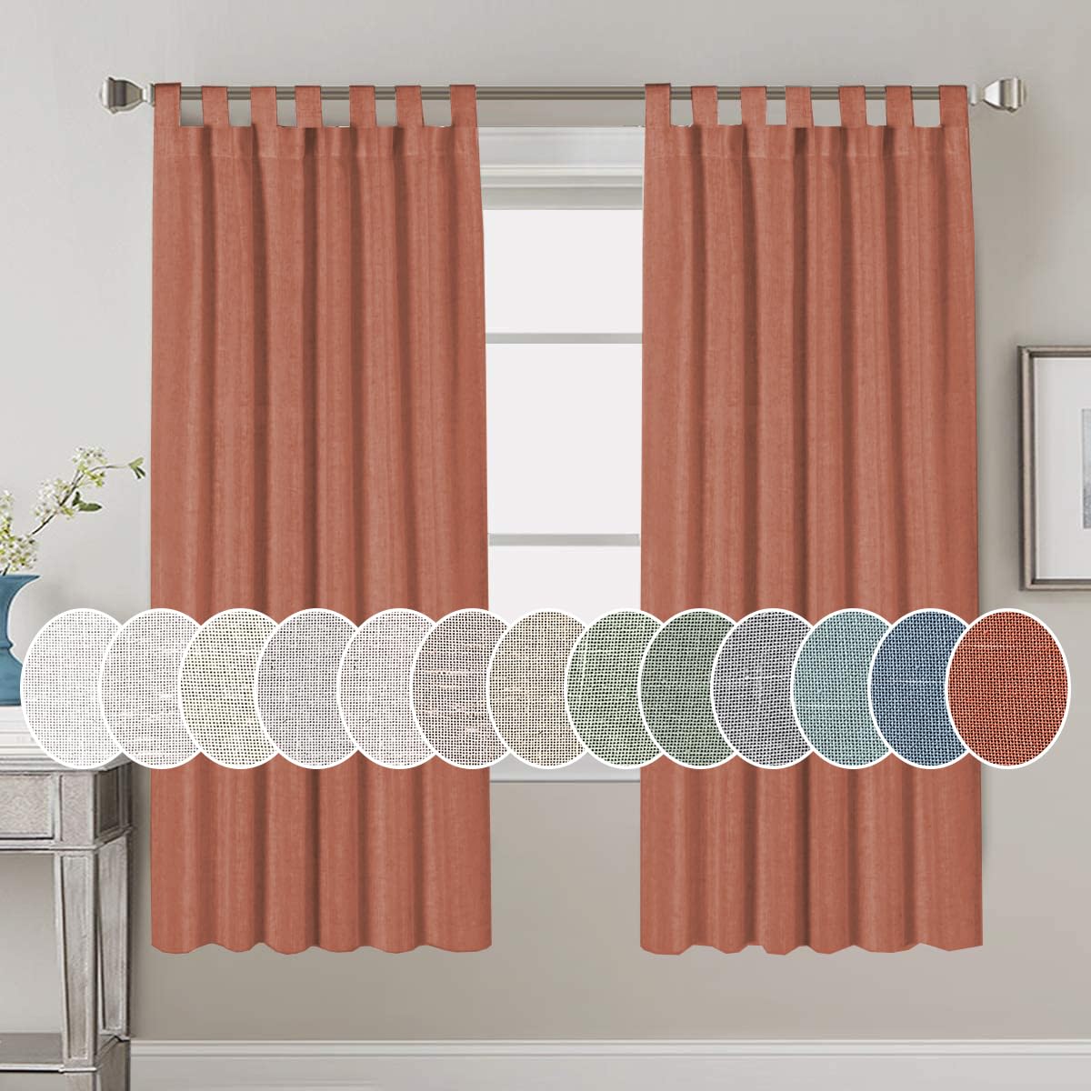 PrimeBeau Natural Linen Mix Tab Top Curtains, Light Filtering Panels (Set of 2)