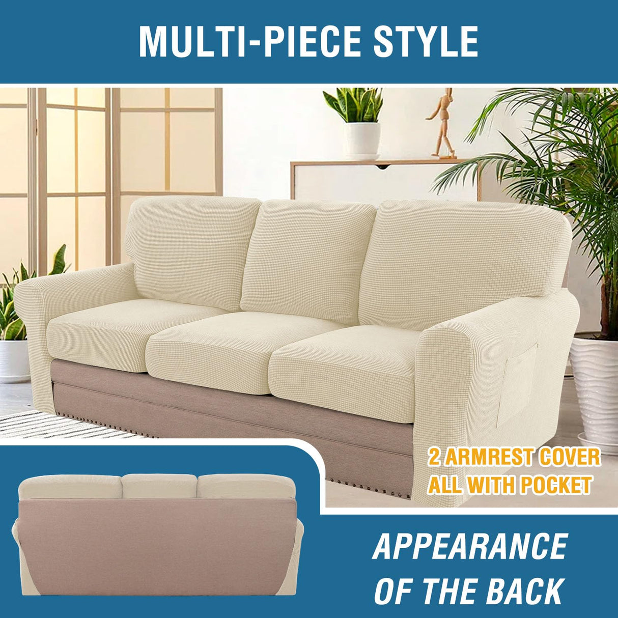 PrimeBeau 2024 New Trend Multi-Pieces Sofa Covers Stretch Couch Covers Form Fitted Seats and Back Cushions Covers (3 Seat Covers Plus 3 Back Cusion Covers, Bonus 2 Armrest Covers)