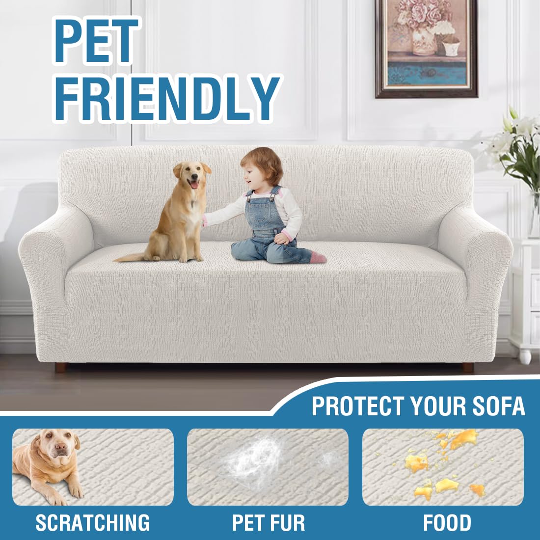 H.VERSAILTEX 2024 Newest Jacquard Couch Covers for 3 Cushion Couch 1 Piece Stretch Sofa Covers Furniture Protector Anti-Slip Soft Thickened Dogs Slipcovers Washable Crizzle Pattern(Sofa, Pale Oak)