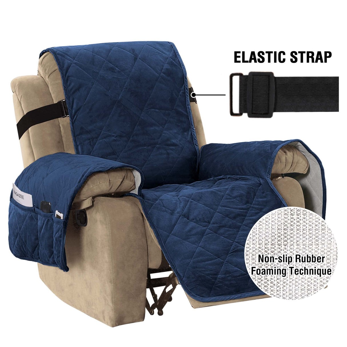 H.VERSAILTEX Thick Velvet Quilted Recliner Covers for Recliner Chair Covers Reclining Chair Slipcover Recliner Couch Cover with Non Slip Backing and Wider Elastic Strap (Oversaized Recliner, Navy)