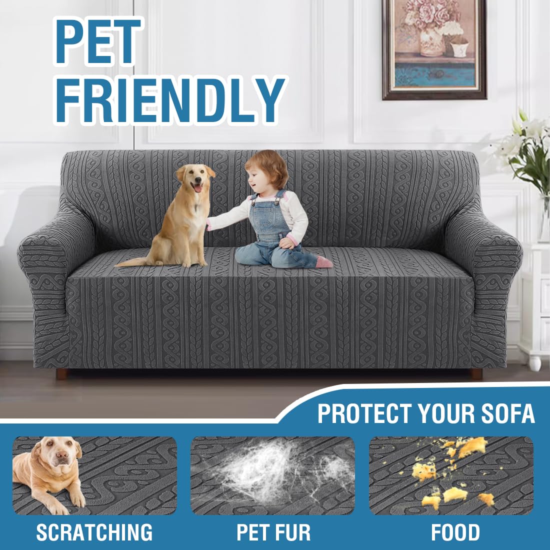 PrimeBeau Spiral Jacquard Couch Covers for 3 Cushion Couch - Set of 5 | Anti-Slip Furniture Protector