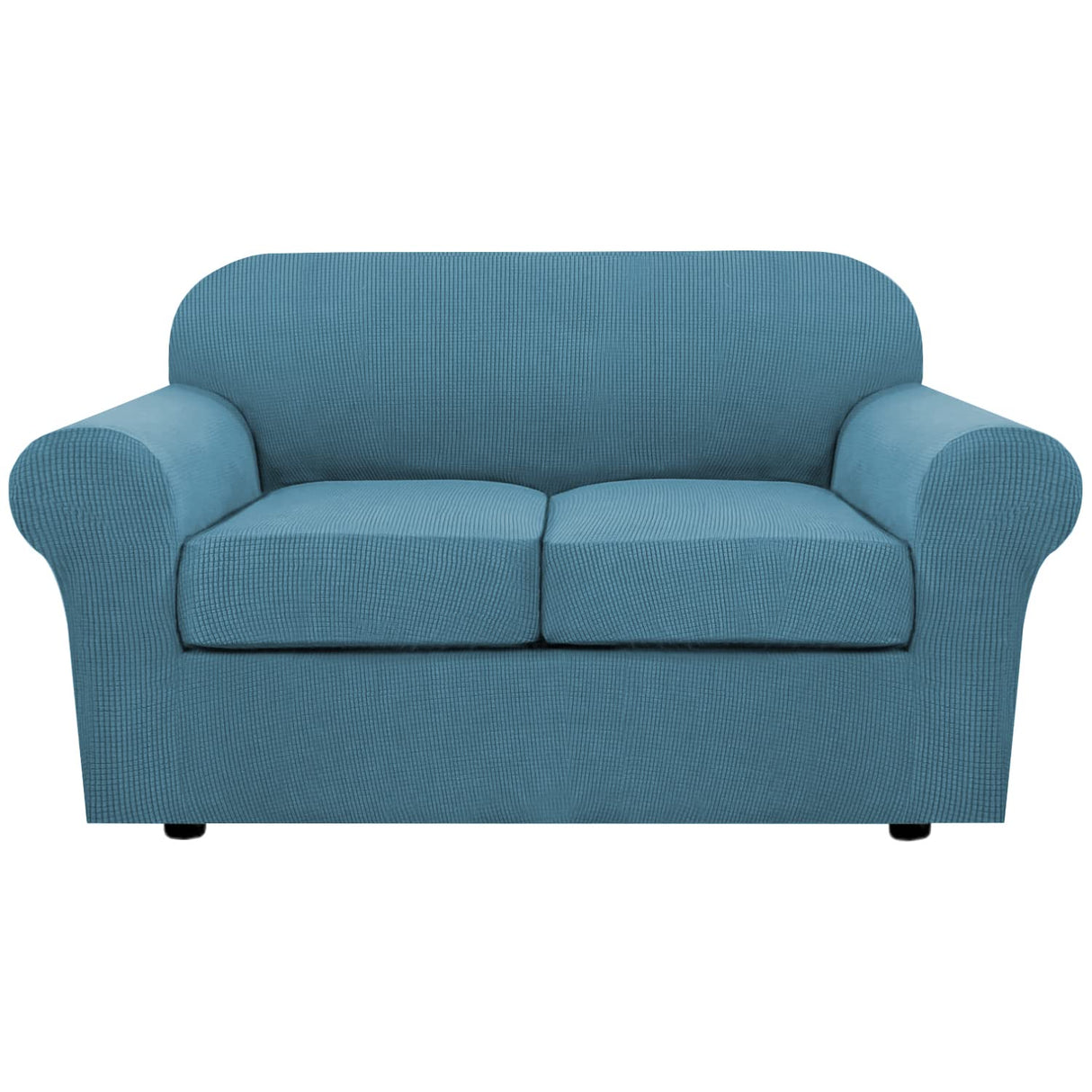 H.VERSAILTEX 3 Piece Stretch Sofa Covers for 2 Cushion Loveseat Couch Covers for Living Room Furniture Cover (Base Cover Plus 2 Seat Cushion Covers) Thicker Jacquard Fabric(Medium, Storm Blue)