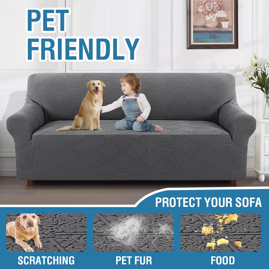 H.VERSAILTEX 2024 Newest Jacquard Couch Covers for 3 Cushion Couch 1 Piece Stretch Sofa Covers Furniture Protector Anti-Slip Soft Thickened Dogs Slipcovers Washable Damask Pattern(Sofa, Grey)