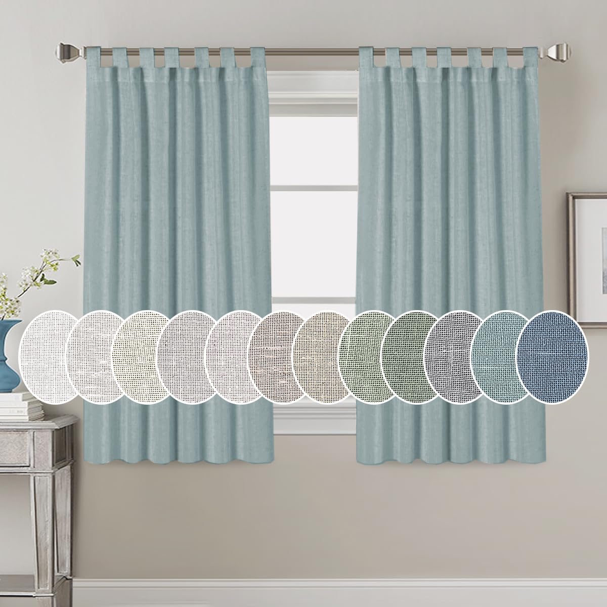 PrimeBeau Natural Linen Mix Tab Top Curtains, Light Filtering Panels (Set of 2)