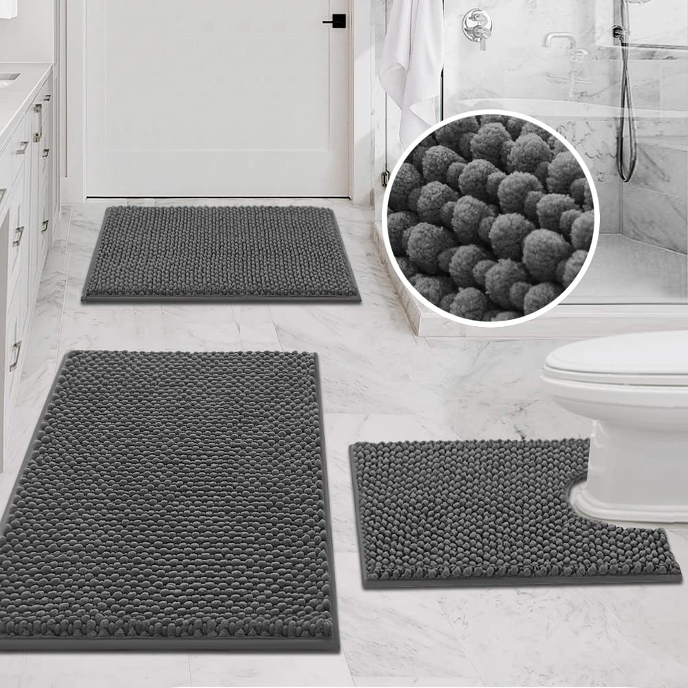 PrimeBeau 3-Piece Aqua Foam Bathroom Rugs Set | Non-Slip, Extra Absorbent Bath Mats for Tub & Shower | Soft Chenille, Vibrant Decor & Easy Care | 17''x24''+20''x32''+20''x24'' U-Shaped