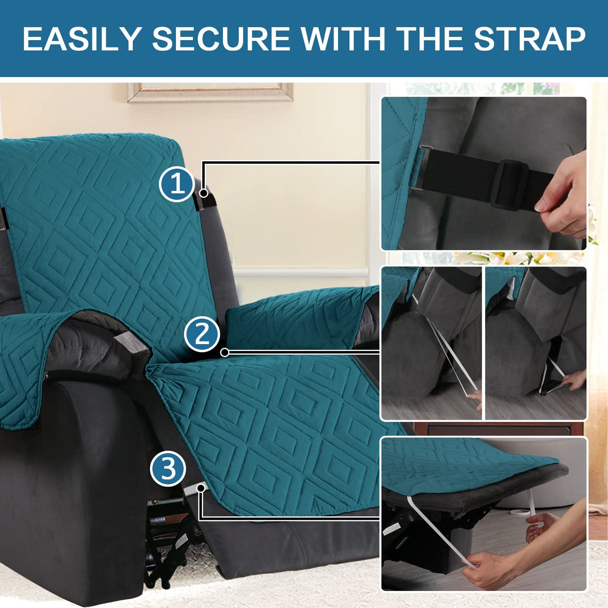 H.VERSAILTEX Reversible Quilted Recliner Covers Water Resistant Furniture Protector for Reclienr Chair with Elastic Straps for Pets Kids Sitting Width Up to 28"(Oversized Recliner, Dark Teal/Beige)