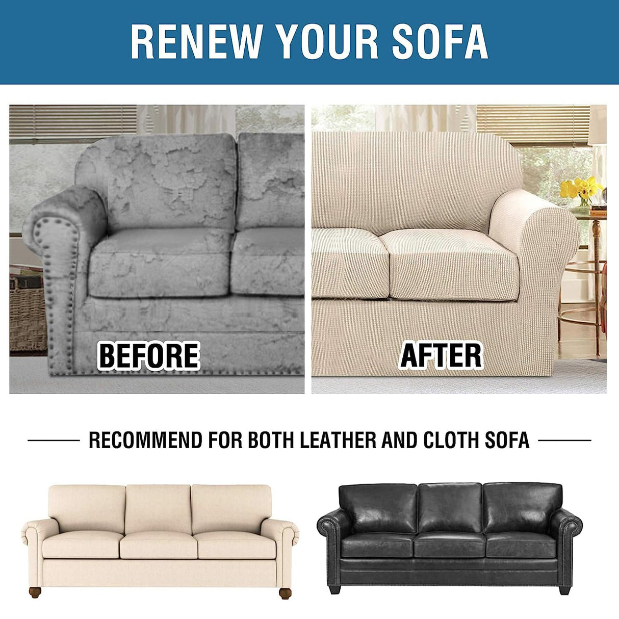 H.VERSAILTEX 4 Piece Stretch Sofa Covers for 3 Cushion Couch Covers Furniture Slipcovers for Living Room (1 Base Cover Plus 3 Seat Cushion Covers) Thicker Jacquard Fabric Cover (XL Sofa, Natural)