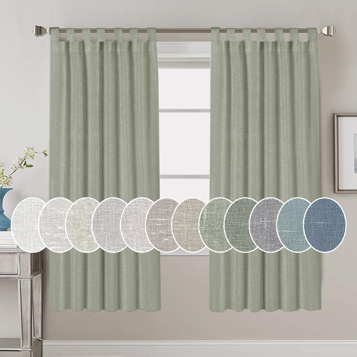 PrimeBeau Natural Linen Mix Tab Top Curtains, Light Filtering Panels (Set of 2)