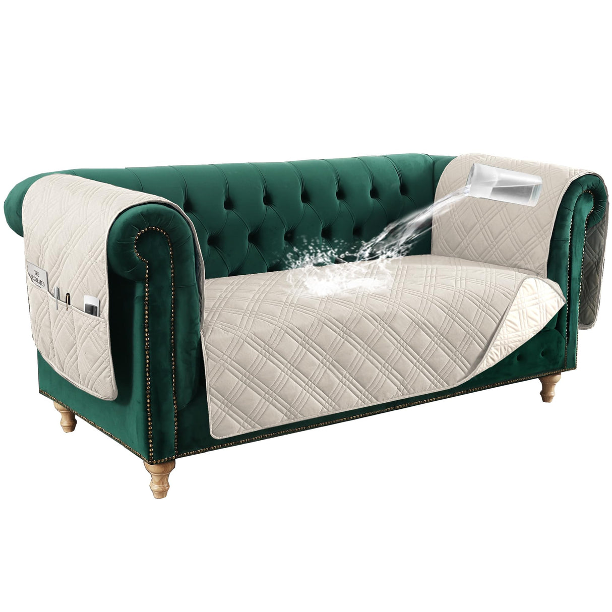 PrimeBeau 100% Waterproof Loveseat Couch Covers Traditional Chesterfield Sofa Covers with Extra Long Armrest Cover Waterproof and Washable Thick Couch Cover for Dogs (1 Piece)