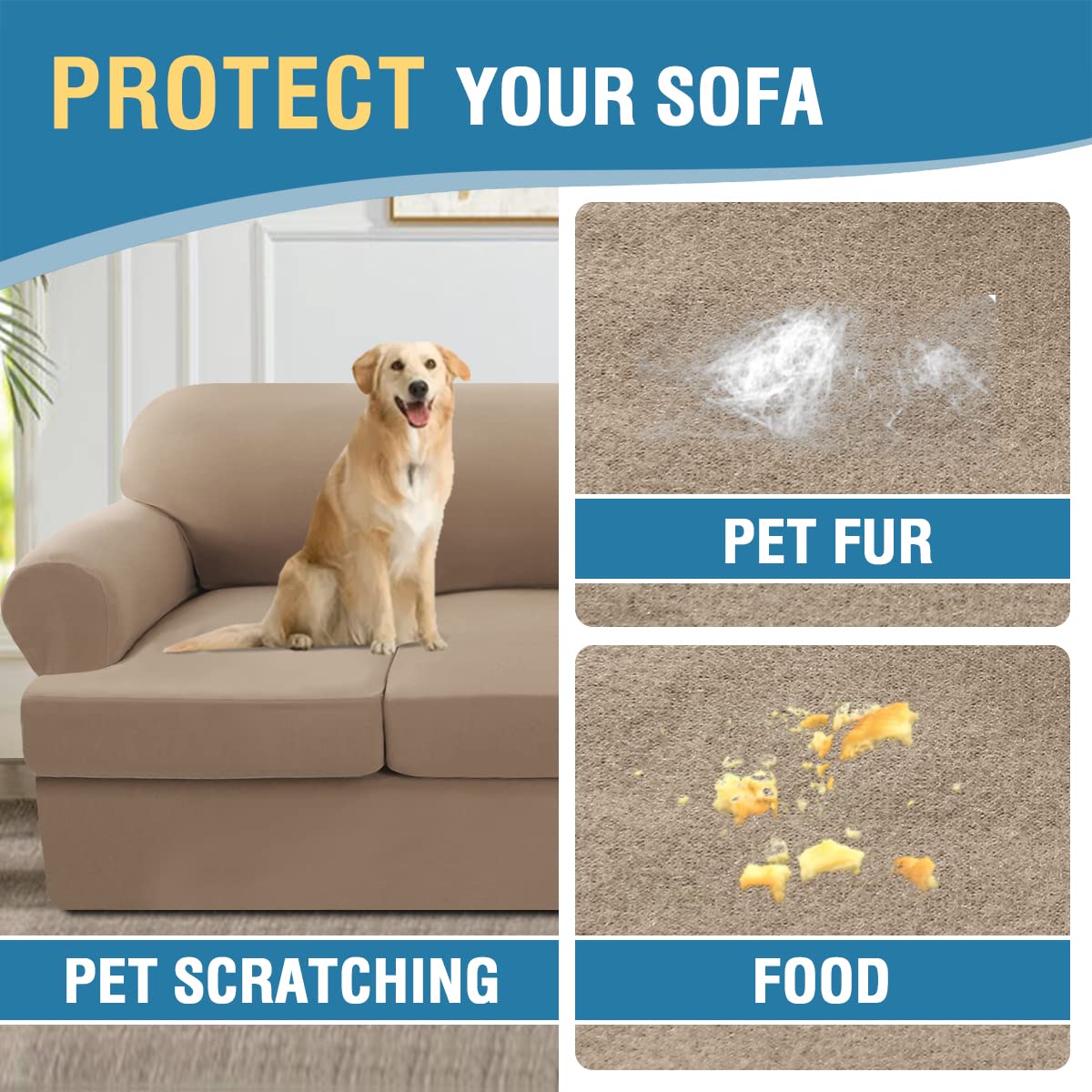 PrimeBeau 4 Pieces T Cushion Sofa Slipcovers Couch Cover for 3 Cushion Couch Non Slip Super Stretch Soft Washable Furniture Protector with 3 Individual T Cushion Covers