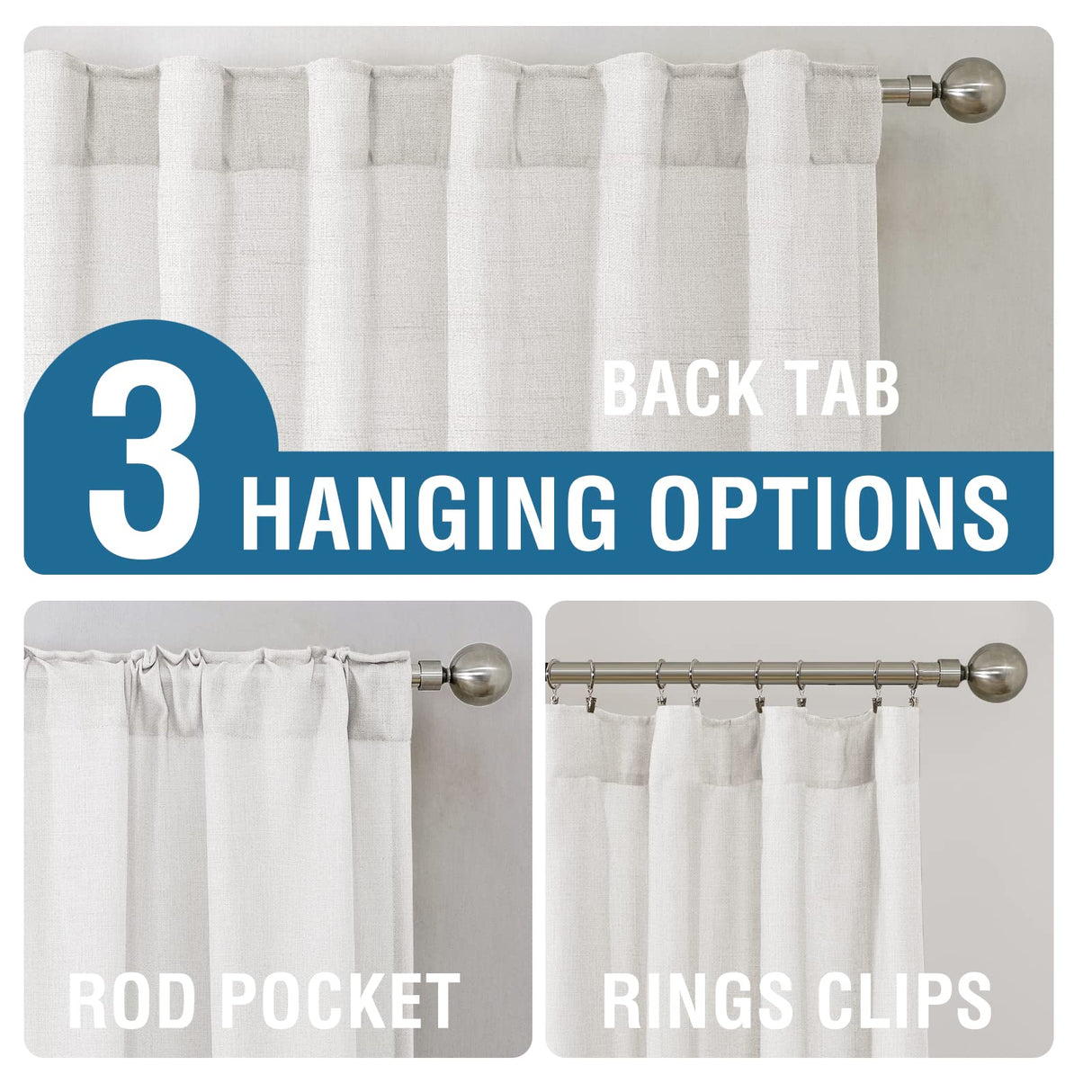 PrimeBeau Natural Linen Curtains 2 Panels Back Tab Loop Pocket Boho Sheer Curtain