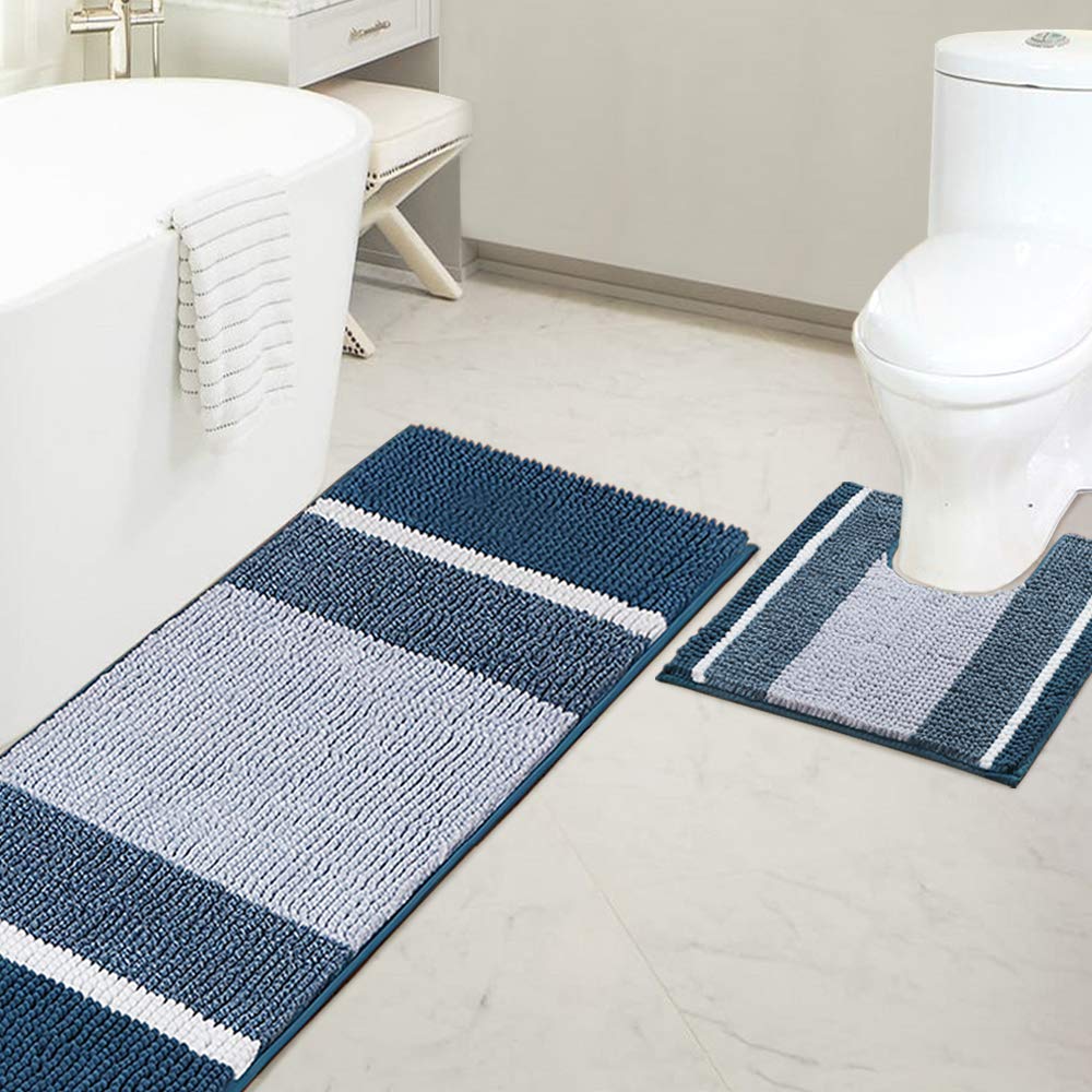 PrimeBeau Bath Rug Set 2 Piece for Bathroom Bath Mats Non Slip Bouncy Chenille Ombre Dyeing Bath Rugs Rectangle, Water Absorbent Striped Shag Mats