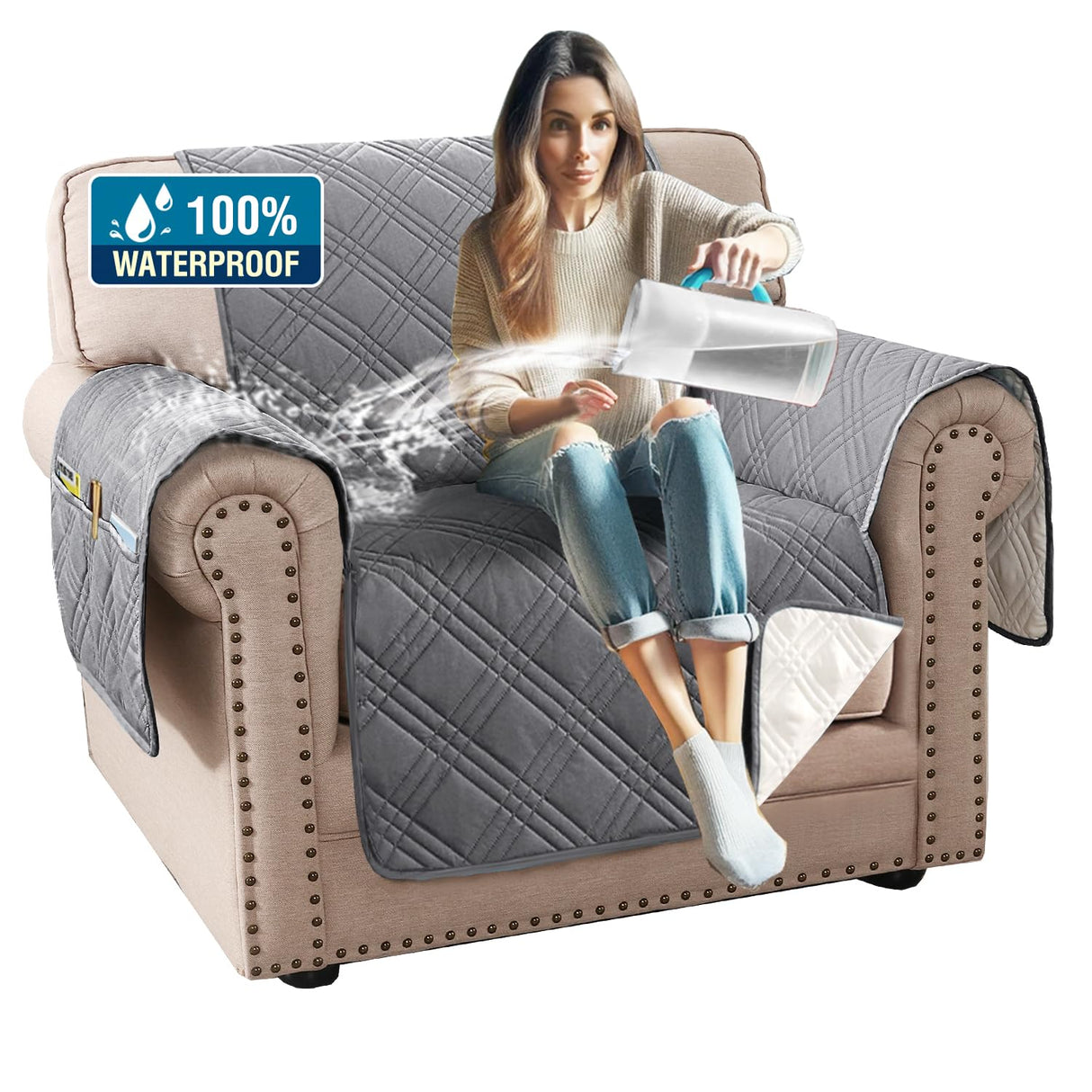 PrimeBeau 100% Waterproof Armchair Covers Washable,Thick Soft Couch Cover for Dogs with Elastic Straps (Armchair, Diamond Shape)