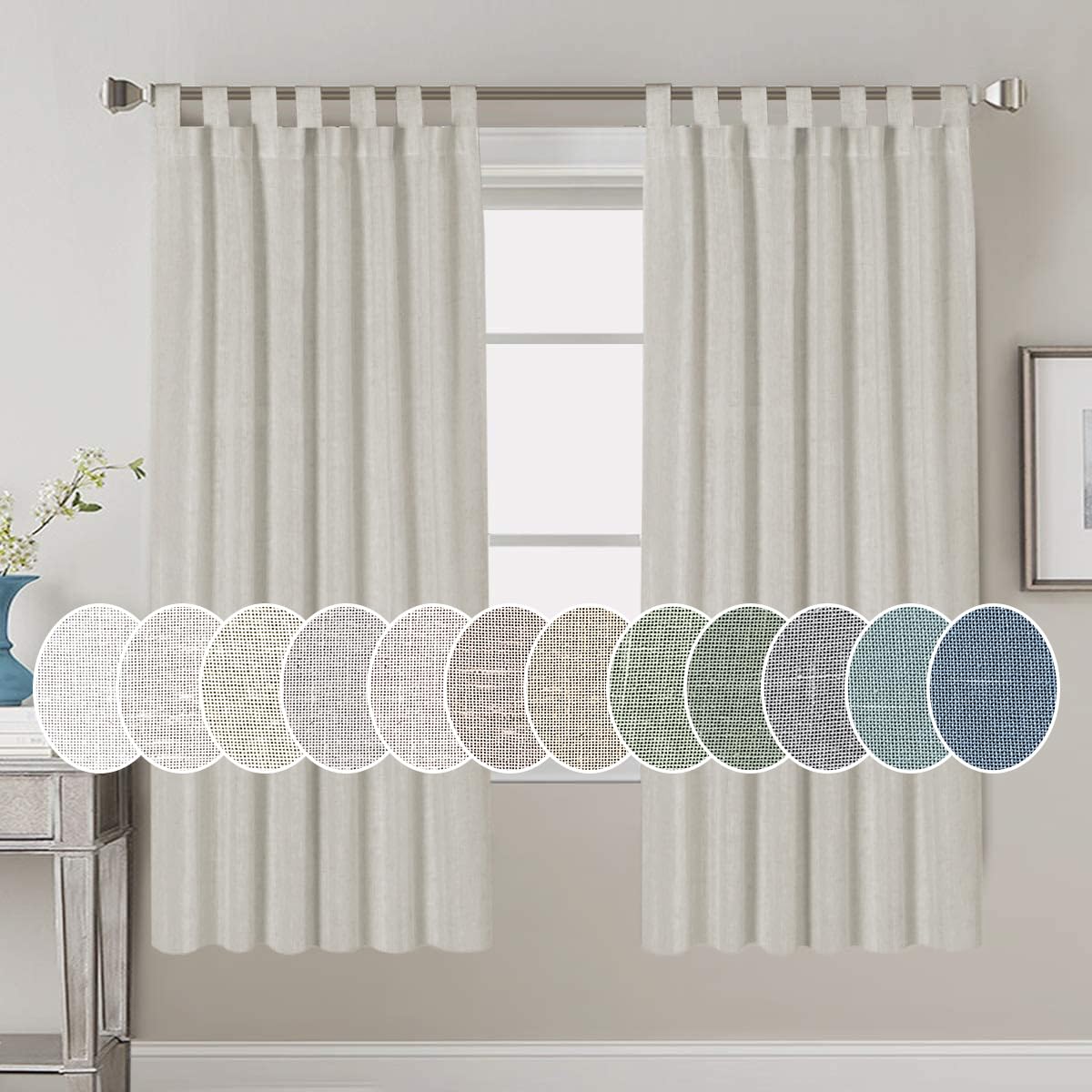 PrimeBeau Natural Linen Mix Tab Top Curtains, Light Filtering Panels (Set of 2)