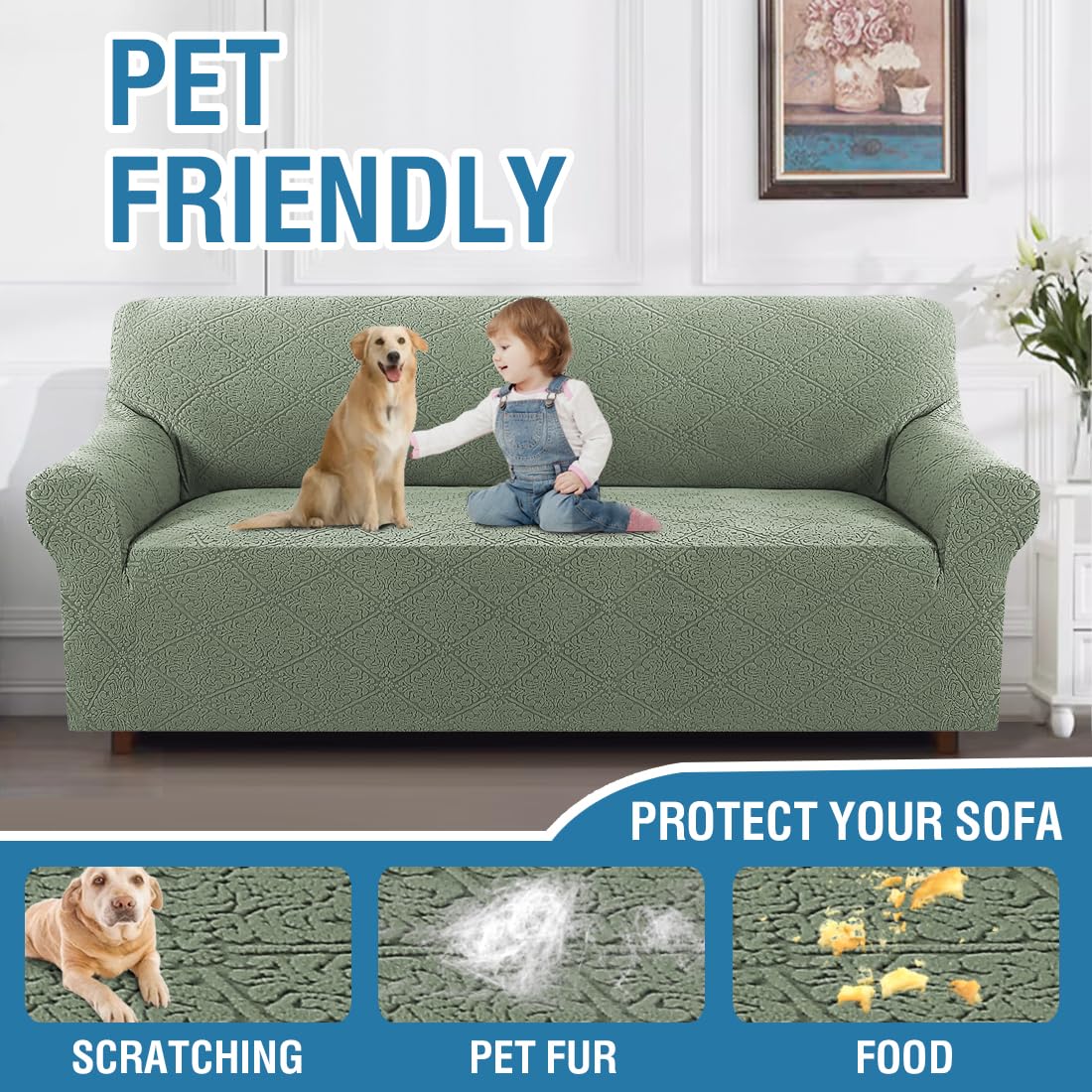 H.VERSAILTEX 2024 Newest Jacquard Couch Covers for 3 Cushion Couch 1 Piece Stretch Sofa Covers Furniture Protector Anti-Slip Soft Thickened Dogs Slipcovers Washable Damask Pattern(Sofa, Sea Grass)