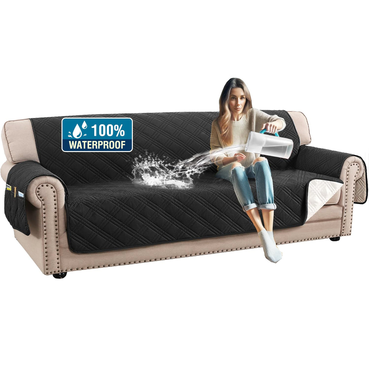 PrimeBeau 100% Waterproof Sofa Covers Washable,Thick Soft Couch Cover for Dogs with Elastic Straps (Sofa & Oversize Sofa, Diamond Shape)