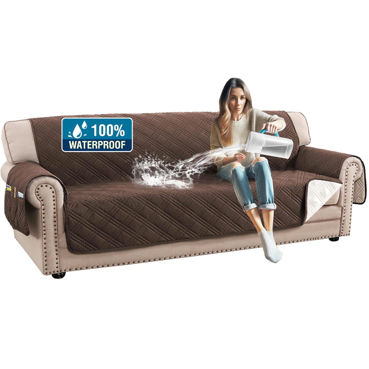 PrimeBeau 100% Waterproof Sofa Covers Washable,Thick Soft Couch Cover for Dogs with Elastic Straps (Sofa & Oversize Sofa, Diamond Shape)