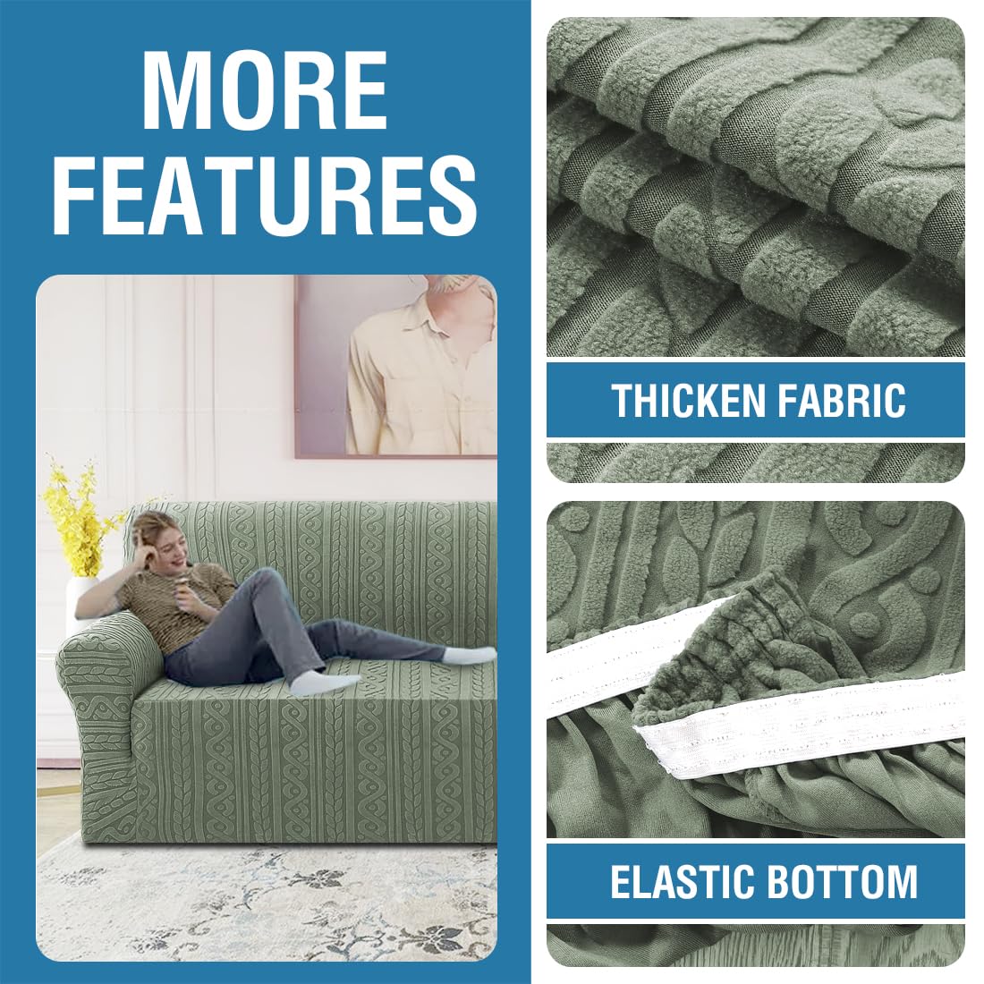 H.VERSAILTEX 2024 Newest Jacquard Couch Covers for 3 Cushion Couch 1 Piece Stretch Sofa Covers Furniture Protector Anti-Slip Soft Thickened Dogs Slipcovers Washable Spiral Pattern(Sofa, Sea Grass)