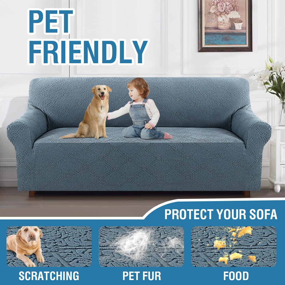 H.VERSAILTEX 2024 Newest Jacquard Couch Covers for 3 Cushion Couch 1 Piece Stretch Sofa Covers Furniture Protector Anti-Slip Soft Thickened Dogs Slipcovers Washable Damask Pattern(Sofa, Stone Blue)