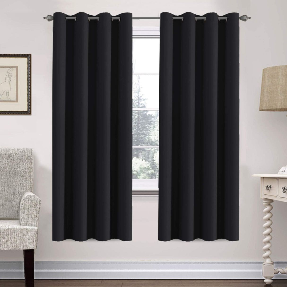 PrimeBeau Blackout Grommet Solid Color Curtain Set of 2 Panels, W52" Short