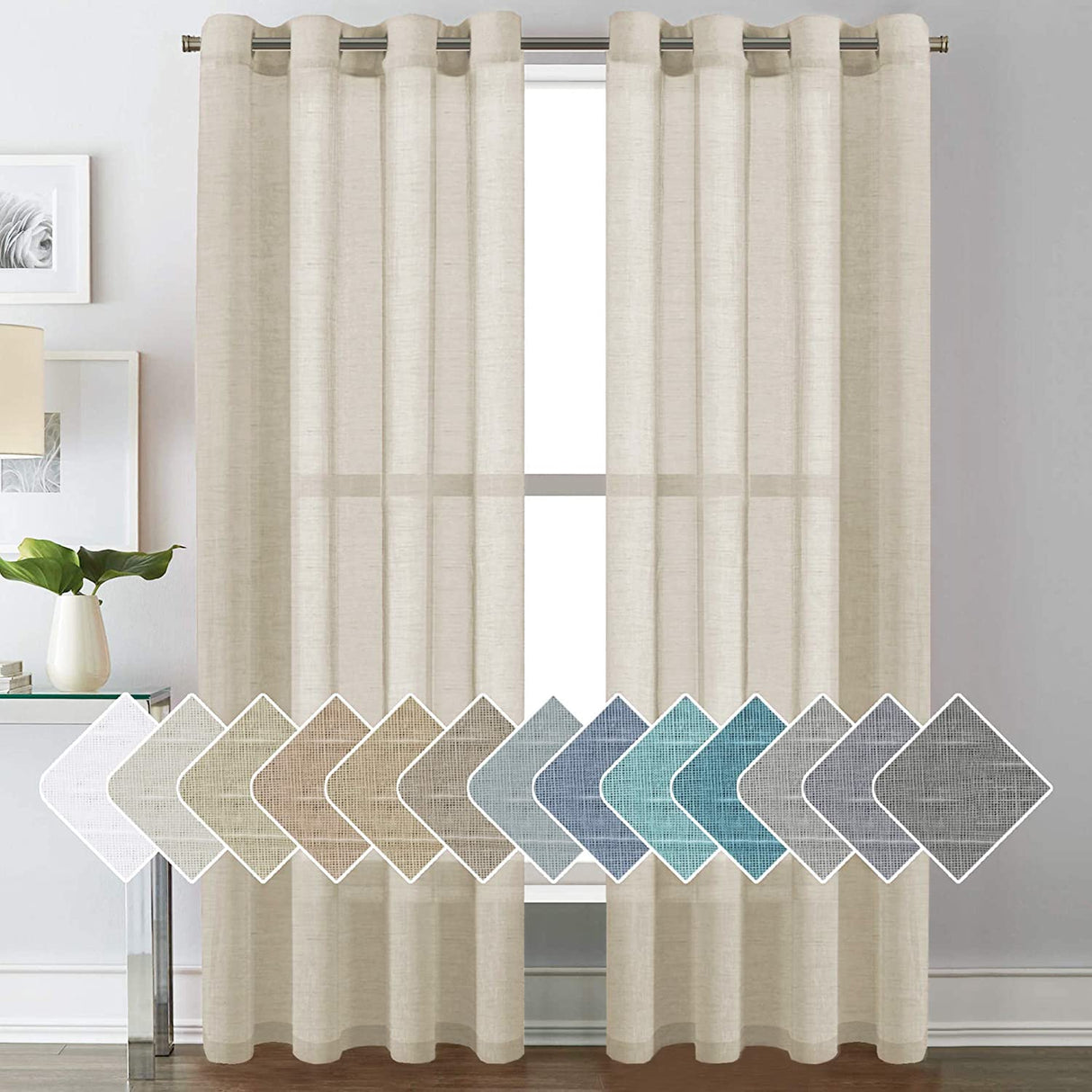 PrimeBeau Faux Linen Grommet Sheer Curtains - Set of 2 Panels 52 Series Long