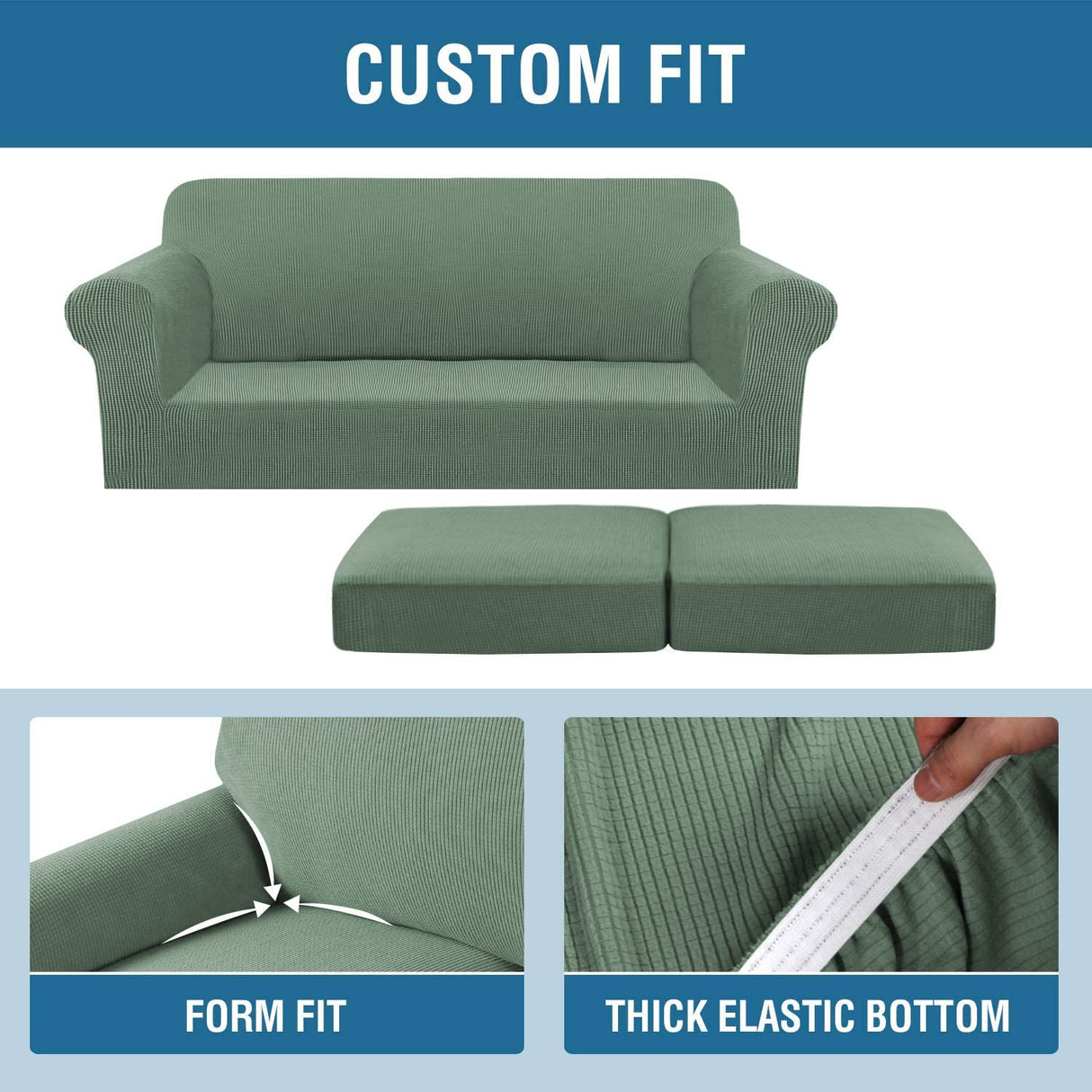 H.VERSAILTEX 3 Piece Stretch Sofa Covers for 2 Cushion Sofa Couch Covers for Living Room Sofa Slipcovers (Base Cover Plus 2 Seat Cushion Covers) Thicker Jacquard Fabric(Large Sofa, Loden Frost)