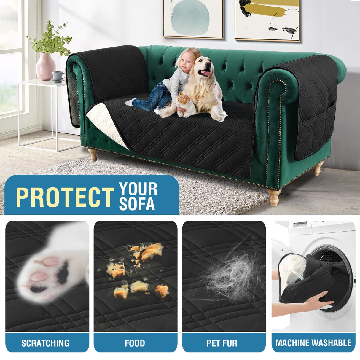 PrimeBeau 100% Waterproof Loveseat Couch Covers Traditional Chesterfield Sofa Covers with Extra Long Armrest Cover Waterproof and Washable Thick Couch Cover for Dogs (1 Piece)