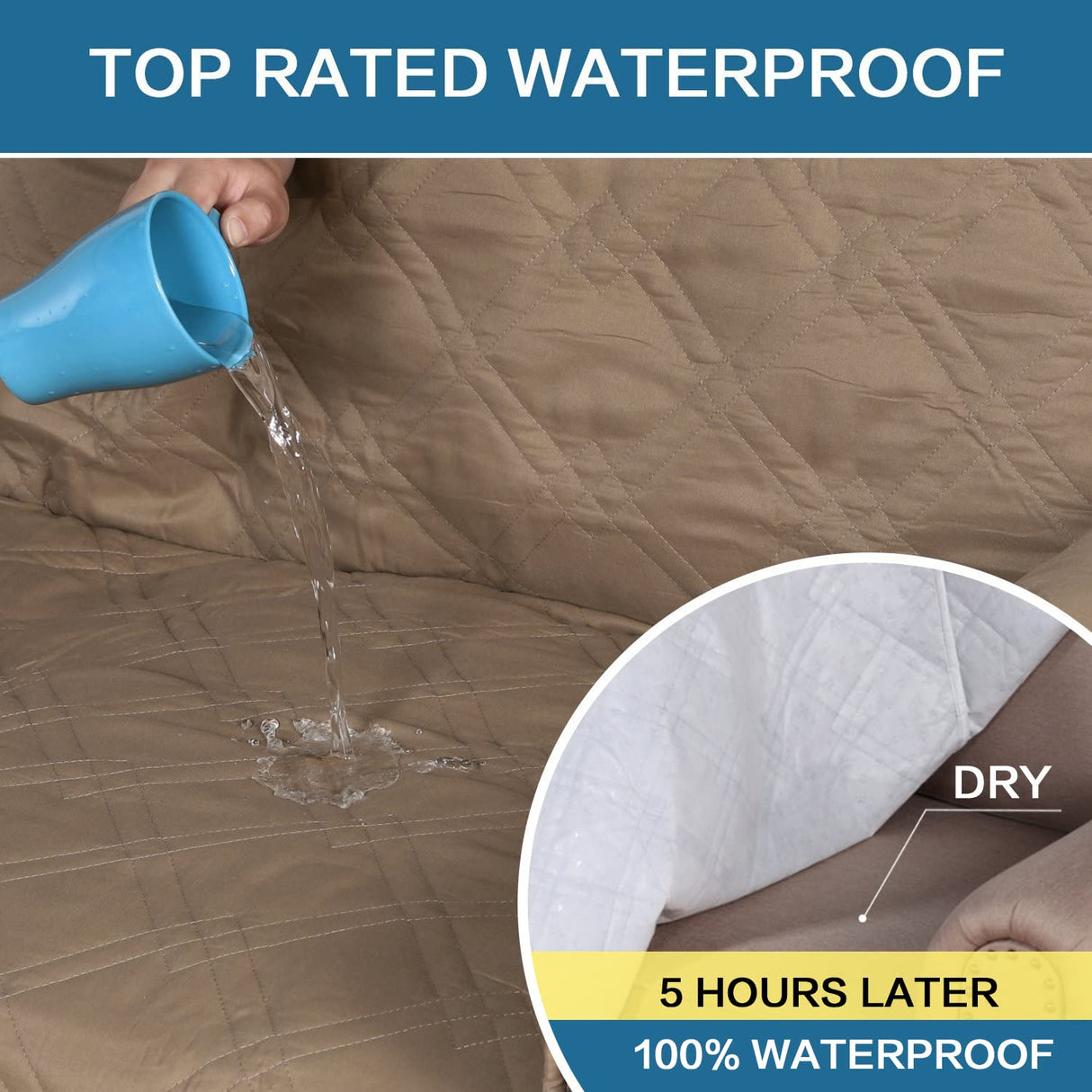 PrimeBeau 100% Waterproof Sofa Cover Protector | Couch Slipcover for 3 Cushion Couch | Non Slip Backing, Adjustable Strap | 5-Layers Material | Fits Seat Width up to 68"