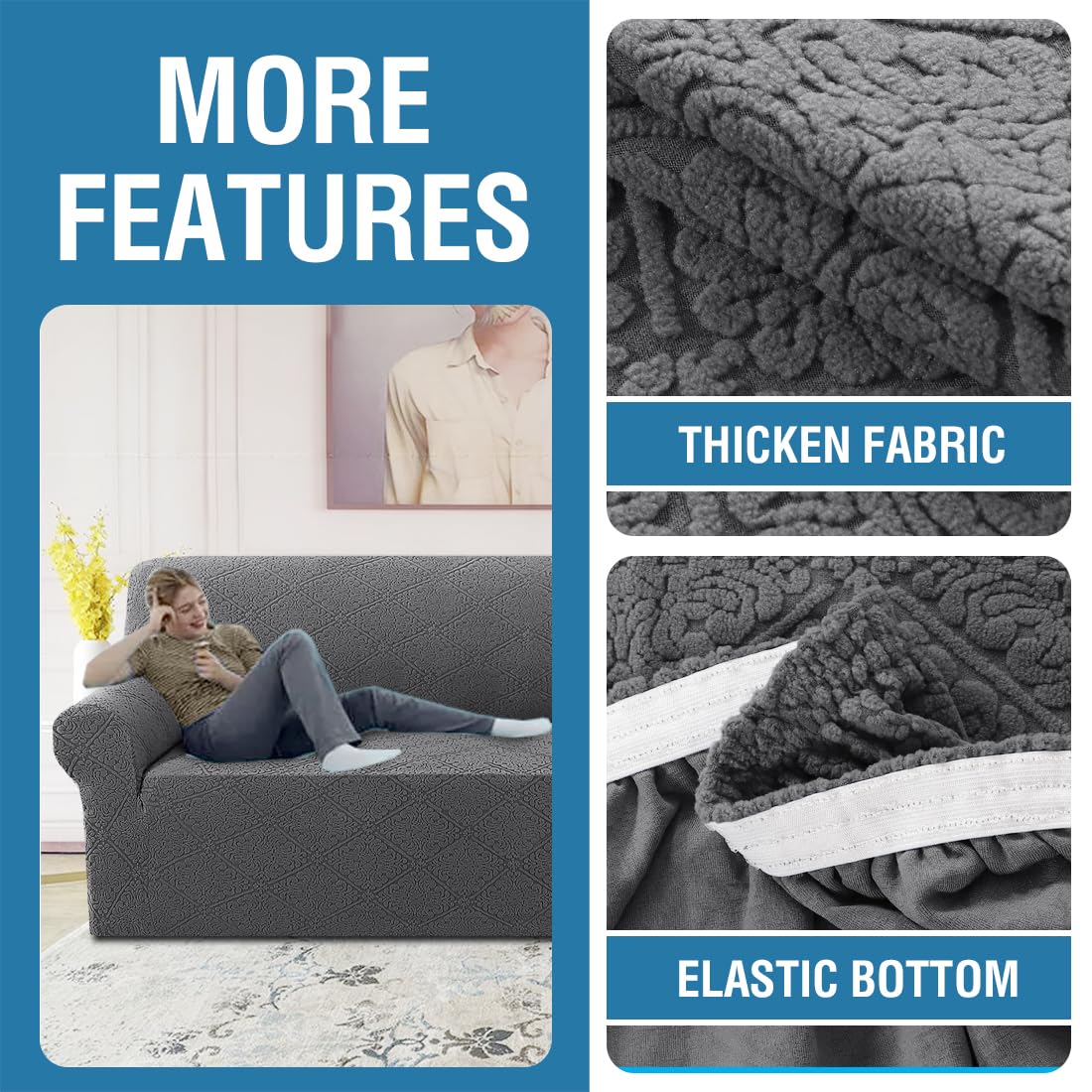 H.VERSAILTEX 2024 Newest Jacquard Couch Covers for 3 Cushion Couch 1 Piece Stretch Sofa Covers Furniture Protector Anti-Slip Soft Thickened Dogs Slipcovers Washable Damask Pattern(Sofa, Grey)