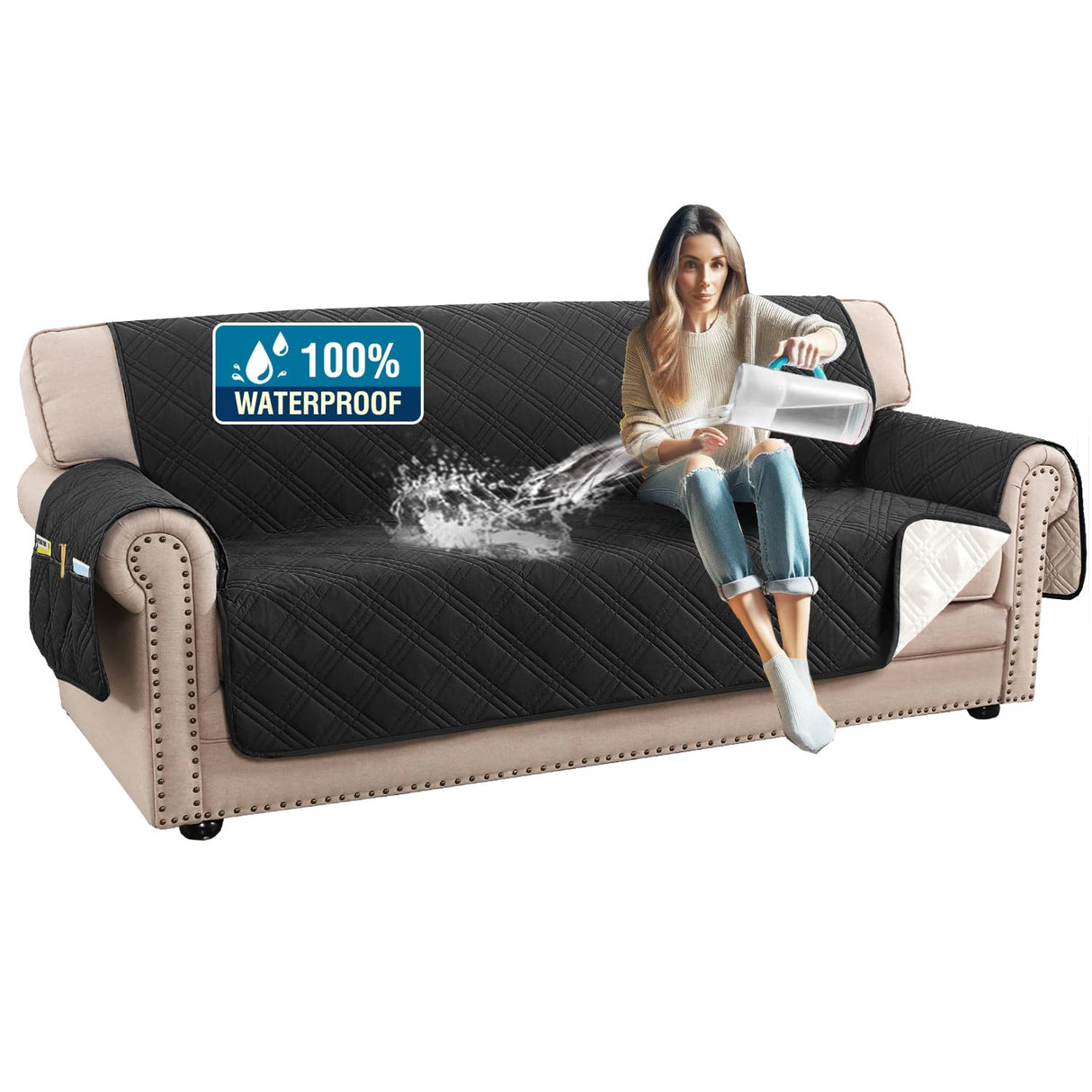 PrimeBeau 100% Waterproof Sofa Covers Washable,Thick Soft Couch Cover for Dogs with Elastic Straps (Sofa & Oversize Sofa, Diamond Shape)