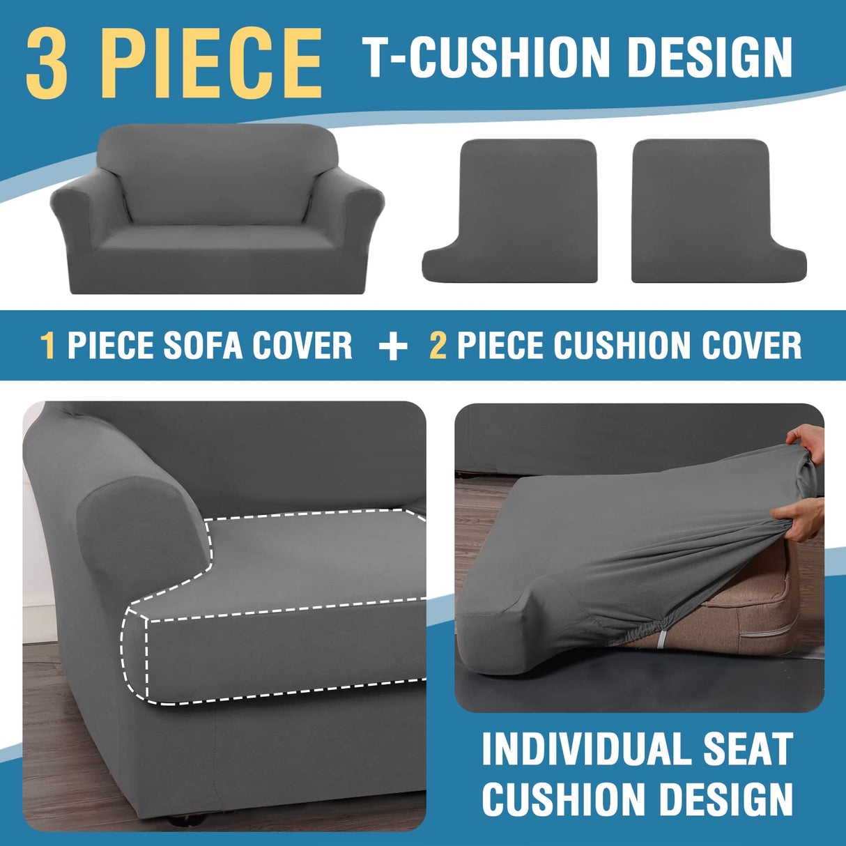 PrimeBeau 3 Pieces T Cushion Loveseat Slipcovers Couch Cover for 2 Cushion Couch Non Slip Super Stretch Soft Washable Furniture Protector with 2 Individual T Cushion Covers