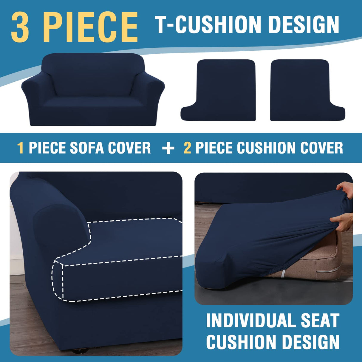 PrimeBeau 3 Pieces T Cushion Loveseat Slipcovers Couch Cover for 2 Cushion Couch Non Slip Super Stretch Soft Washable Furniture Protector with 2 Individual T Cushion Covers