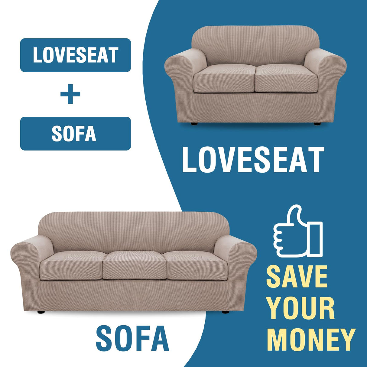 PrimeBeau Couch Cover Sets for Sofa Plus Loveseat, Stretch 4 Piece Sofa Covers for 3 Cushion Couch/3 Piece Loveseat Covers for 2 Cushion Couch with Thicker Jacquard Fabric(Total 7 Pieces)