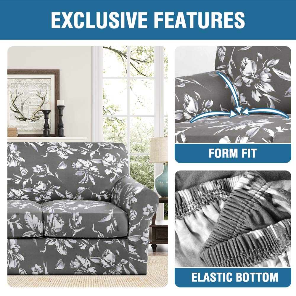 PrimeBeau Super Stretch 2 Set of Armchair Slipcovers, Floral Pattern, Luxurious Fleece Bouncy Modern Style Pet Friendly,Easy Care