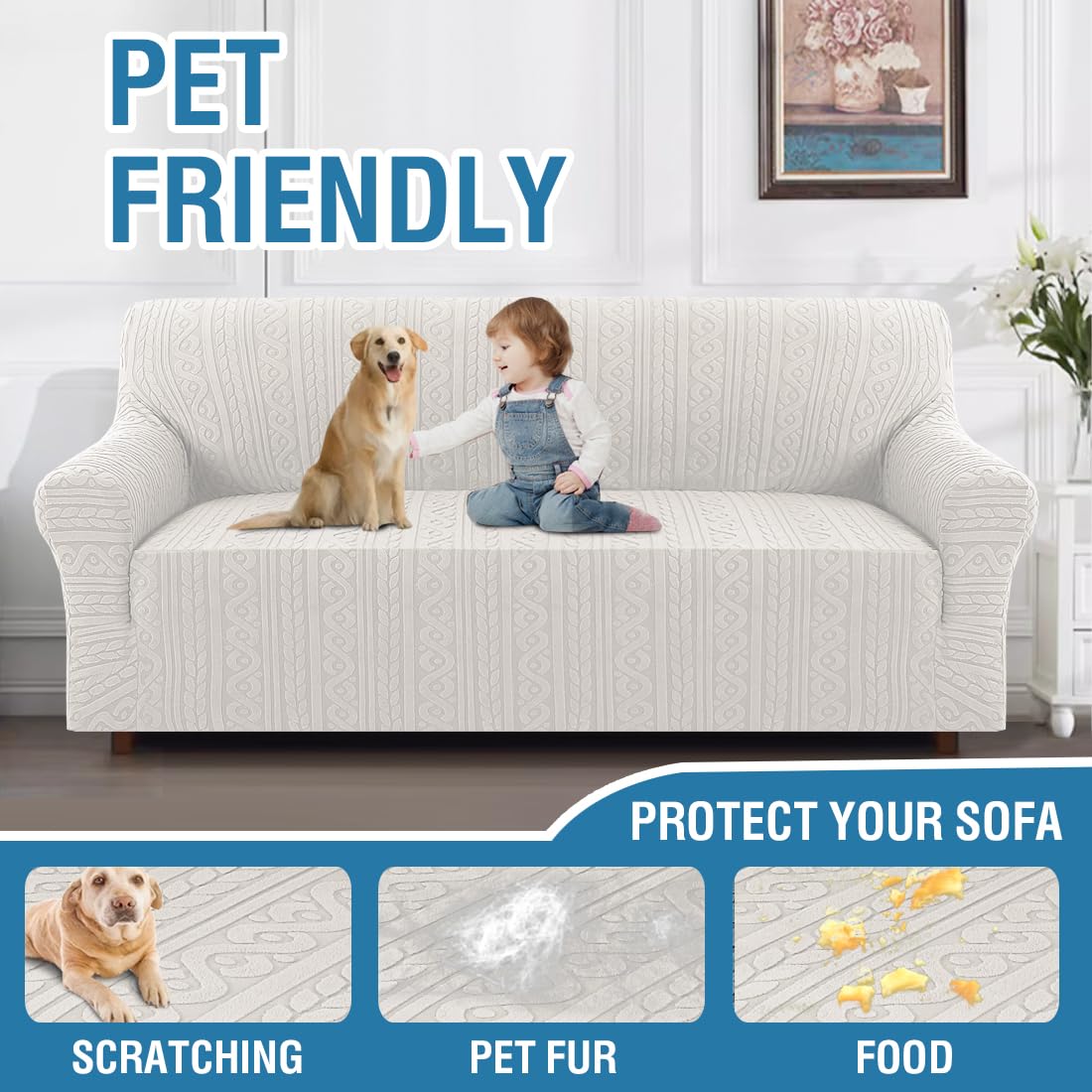 PrimeBeau Spiral Jacquard Couch Covers for 3 Cushion Couch - Set of 5 | Anti-Slip Furniture Protector