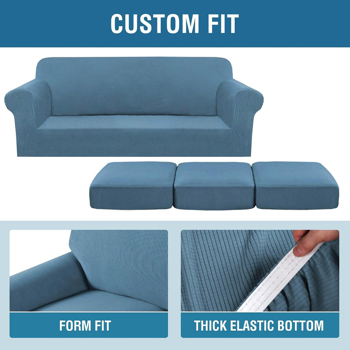 H.VERSAILTEX 4 Piece Stretch Sofa Covers for 3 Cushion Couch Covers for Living Room Furniture Slipcovers (Base Cover Plus 3 Seat Cushion Covers) Upgraded Thicker Jacquard Fabric (Sofa, Dusty Blue)