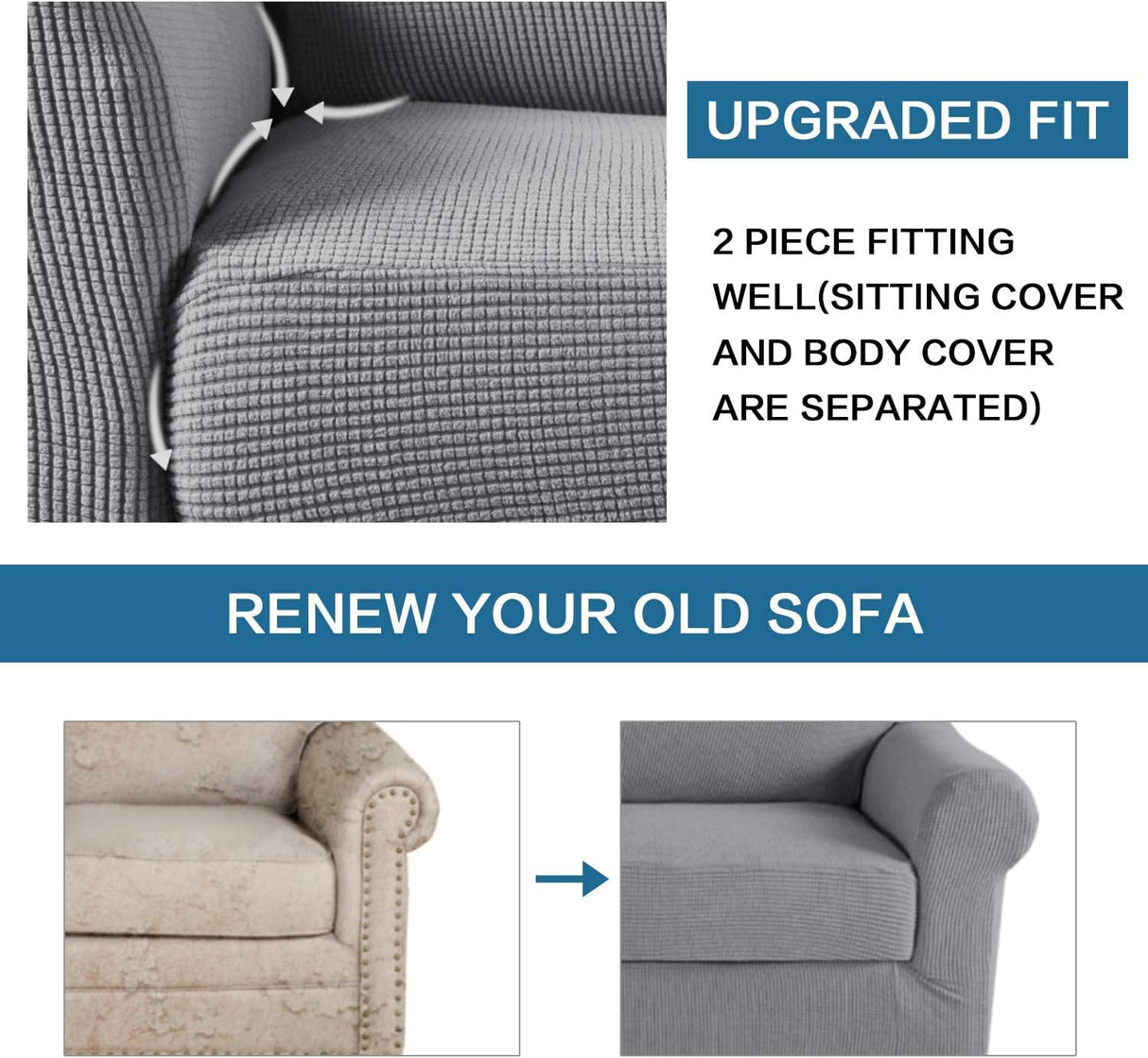 PrimeBeau 2 Pieces Chair Covers for Armchair &Oversize Armchair Covers for Living Room Furniture Cover Suit for T Cushion/Box Cushion, Spandex Jacquard Fabric Small Checks